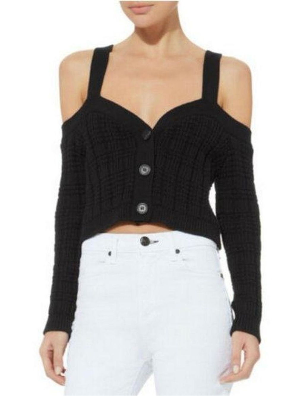 INTERMIX Rhea Off-The-Shoulder Black Crop Cardigan Chunky Knit Sweater - Small
